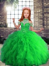 Sleeveless Tulle Floor Length Lace Up Pageant Dresses in with Beading and Ruffles