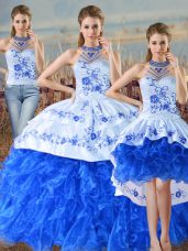 Blue And White Sleeveless Floor Length Embroidery and Ruffles Lace Up Quinceanera Gown