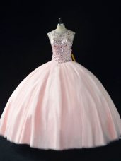 Most Popular Pink Ball Gowns Tulle Scoop Sleeveless Beading Floor Length Lace Up Sweet 16 Dresses