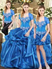 Blue Lace Up Quince Ball Gowns Beading and Ruffles Sleeveless Floor Length