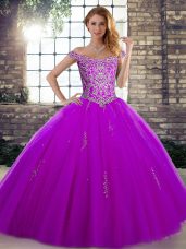 Purple Sleeveless Tulle Lace Up 15th Birthday Dress for Military Ball and Sweet 16 and Quinceanera