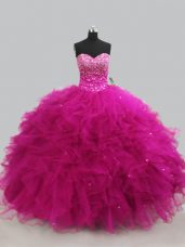 Custom Made Floor Length Lace Up Quinceanera Gown Fuchsia for Sweet 16 and Quinceanera with Beading and Ruffles