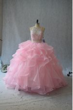 Sleeveless Beading and Ruffles Backless Quinceanera Gowns with Pink