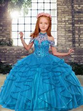 Teal Sleeveless Floor Length Beading and Ruffles Lace Up Little Girls Pageant Dress
