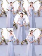 Smart Grey Lace Up High-neck Lace Vestidos de Damas Tulle Cap Sleeves