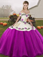 Elegant White And Purple Organza Lace Up Quince Ball Gowns Sleeveless Floor Length Embroidery