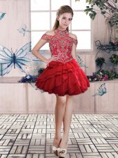 Inexpensive Red Lace Up Homecoming Dresses Beading and Ruffled Layers Sleeveless Mini Length