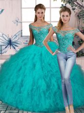 Sumptuous Off The Shoulder Sleeveless Brush Train Lace Up Quince Ball Gowns Aqua Blue Tulle