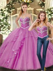 Sleeveless Tulle Floor Length Lace Up Quince Ball Gowns in Lilac with Beading