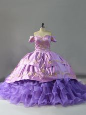 Decent Off The Shoulder Sleeveless Sweet 16 Dresses Chapel Train Embroidery and Ruffles Lavender Organza