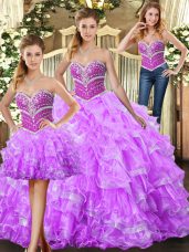 Charming Lilac Organza Lace Up Sweet 16 Dress Sleeveless Floor Length Beading and Ruffles