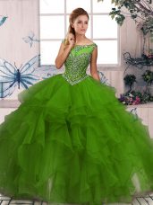 Sophisticated Floor Length Green Quinceanera Dress Organza Sleeveless Beading and Ruffles