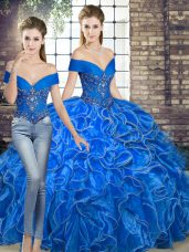 Discount Floor Length Royal Blue Ball Gown Prom Dress Organza Sleeveless Beading and Ruffles