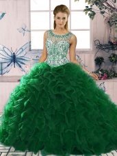 Modern Dark Green Scoop Lace Up Beading and Ruffles Quince Ball Gowns Sleeveless