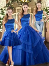 Great Royal Blue Three Pieces Scoop Sleeveless Tulle Floor Length Lace Up Ruffled Layers Sweet 16 Dresses