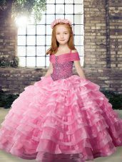 Beading and Ruffled Layers Girls Pageant Dresses Rose Pink Lace Up Sleeveless Brush Train