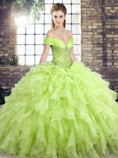 Yellow Green Ball Gowns Organza Off The Shoulder Sleeveless Beading and Ruffles Lace Up Quinceanera Gown Brush Train