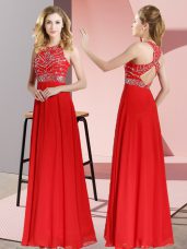 Sleeveless Floor Length Beading Backless Prom Party Dress with Red