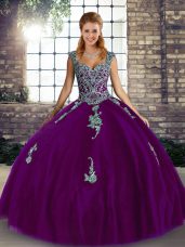 Sweet Purple Ball Gowns Straps Sleeveless Tulle Floor Length Lace Up Beading and Appliques Quince Ball Gowns