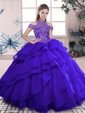 New Style Blue Sleeveless Floor Length Beading and Ruffles Lace Up Quinceanera Gown