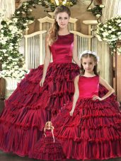 Nice Wine Red Sleeveless Floor Length Ruffled Layers Lace Up Quince Ball Gowns