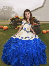 Royal Blue Ball Gowns Straps Sleeveless Organza Floor Length Lace Up Embroidery and Ruffles Little Girls Pageant Dress