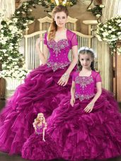 Sweetheart Sleeveless Lace Up Sweet 16 Dresses Fuchsia Organza