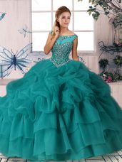 Brush Train Ball Gowns Ball Gown Prom Dress Teal Scoop Organza Sleeveless Zipper