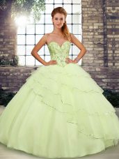 Best Yellow Lace Up 15th Birthday Dress Beading and Ruffled Layers Sleeveless Brush Train
