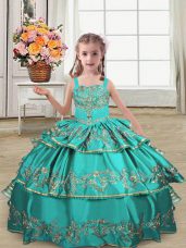 Wonderful Straps Sleeveless Satin Little Girl Pageant Dress Embroidery and Ruffled Layers Lace Up