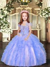 Blue And White Straps Neckline Beading and Ruffles Kids Formal Wear Sleeveless Lace Up
