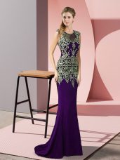 Classical Zipper Dress for Prom Purple for Prom and Party with Appliques Sweep Train