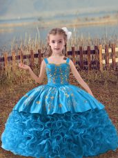 Hot Selling Embroidery Little Girls Pageant Dress Baby Blue Lace Up Sleeveless Sweep Train