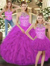 Modest Sleeveless Floor Length Beading and Ruffles Lace Up Quinceanera Gowns with Fuchsia