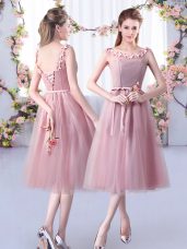 Sleeveless Tea Length Appliques and Belt Lace Up Vestidos de Damas with Pink