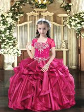 Sleeveless Organza Floor Length Lace Up Child Pageant Dress in Hot Pink with Beading