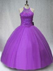 Purple Lace Up Halter Top Beading 15 Quinceanera Dress Tulle Sleeveless