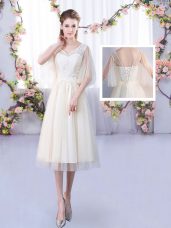 Colorful Champagne Lace Up Bridesmaid Dresses Lace Sleeveless Tea Length