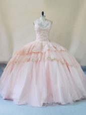 High Class Peach Halter Top Neckline Beading and Lace and Appliques Quinceanera Gowns Sleeveless Lace Up