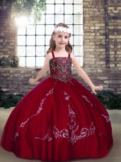Wine Red Ball Gowns Tulle Straps Sleeveless Beading Floor Length Lace Up Pageant Dress for Teens