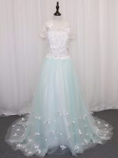 Beauteous Tulle Scoop Short Sleeves Brush Train Clasp Handle Appliques Flower Girl Dresses in Apple Green