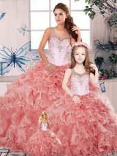 Customized Watermelon Red Sleeveless Organza Clasp Handle Quinceanera Gowns for Military Ball and Sweet 16 and Quinceanera