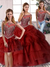 Sweet Wine Red Zipper Sweet 16 Dress Beading and Pick Ups Sleeveless Brush Train