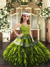 Appliques and Ruffles Kids Pageant Dress Olive Green Zipper Sleeveless Floor Length