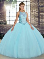 Best Selling Aqua Blue Ball Gowns Tulle Scoop Sleeveless Embroidery Floor Length Lace Up 15 Quinceanera Dress