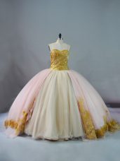 Ball Gowns Sleeveless Pink and Champagne Quinceanera Dress Brush Train Lace Up