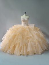 Pretty Gold Lace Up Sweetheart Beading and Ruffles Sweet 16 Dresses Organza Sleeveless Brush Train