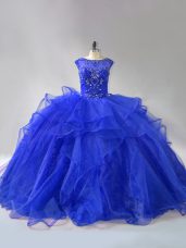 Brush Train Ball Gowns Sweet 16 Dresses Royal Blue Scoop Organza Sleeveless Lace Up
