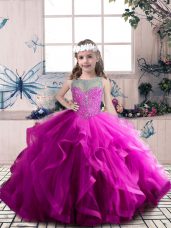 Custom Fit Fuchsia Sleeveless Beading and Ruffles Floor Length Kids Pageant Dress