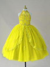 Yellow Ball Gowns High-neck Sleeveless Tulle Floor Length Lace Up Beading and Appliques Pageant Gowns For Girls